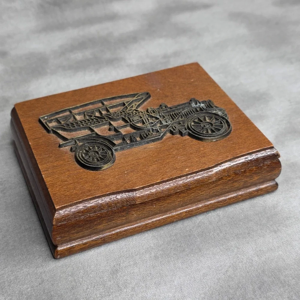 W.A Stratford Playing Card Wooden Box Vintage w/Raised Brass Classic Car